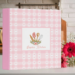 Chic Pink Kitchen Utensils Bow Gingham Cookbook Binder