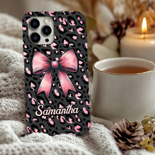 chic pink leopard print coquette bow monogram  iPhone 16 case