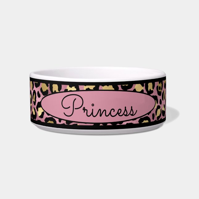 Chic Pink Leopard Skin Pattern Pet  Bowl (Front)