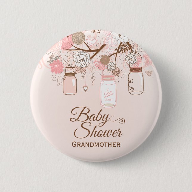 Chic pink mason jar floral baby shower button (Front)