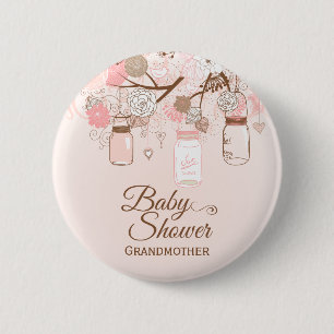 Chic pink mason jar floral baby shower button