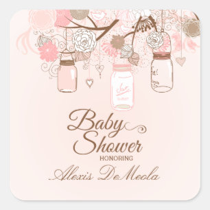 Chic pink mason jar floral baby shower stickers