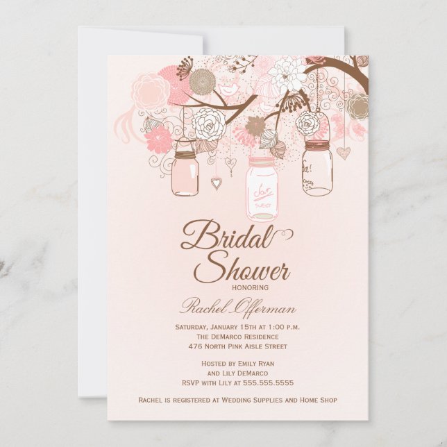 Chic pink mason jar floral bridal shower invite (Front)