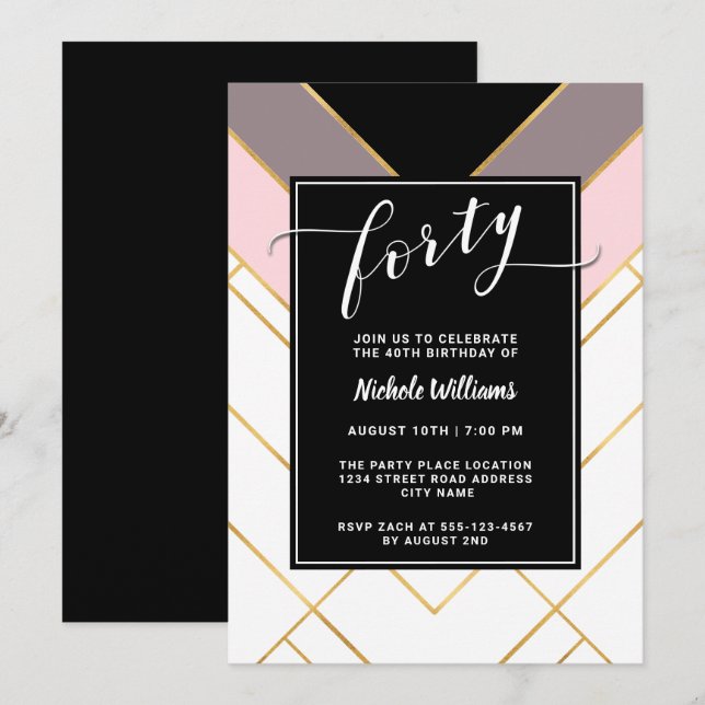 Chic Pink Mauve and Black Geometric 40th Birthday Invitation (Front/Back)