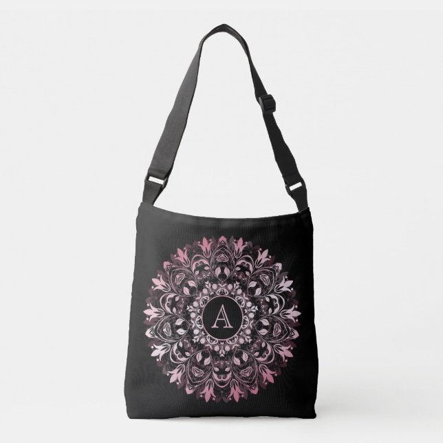 Chic Pink Metallic Black Mandala Monogram Crossbody Bag (Front)