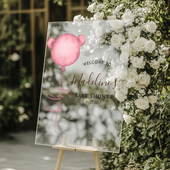 Chic Pink Minimalist Bear Balloon Baby Shower Acrylic Sign (Creator Uploaded)