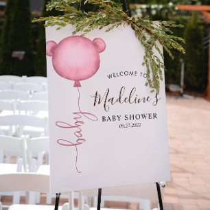 Chic Pink Minimalist Bear Balloon Baby Shower Poster