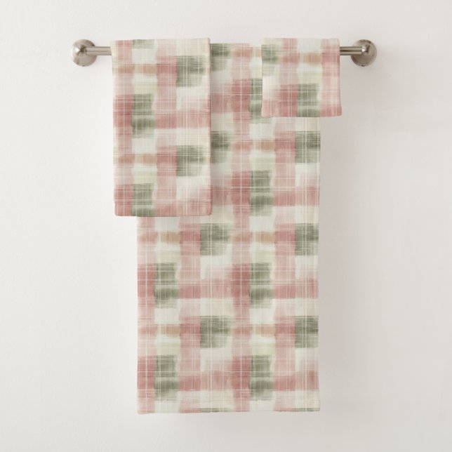 Chic Pink Mint Cream Plaid Stripes   Bath Towel Set (Insitu)