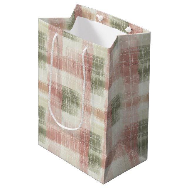 Chic Pink Mint Cream Plaid Stripes Birthday Medium Gift Bag (Front Angled)