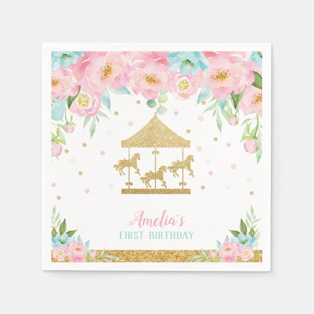 Chic Pink Mint Floral Carousel Birthday Party Napkin (Front)