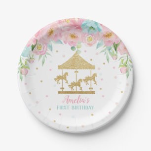 Chic Pink Mint Floral Carousel Birthday Party Paper Plate