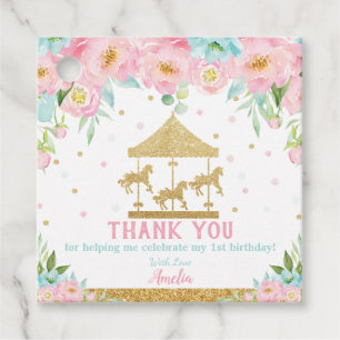 Chic Pink Mint Floral Carousel Birthday Thank You Favour Tags