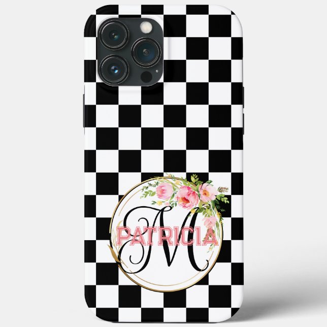 Chic pink monogram flower black & white chequered Case-Mate iPhone case (Back)