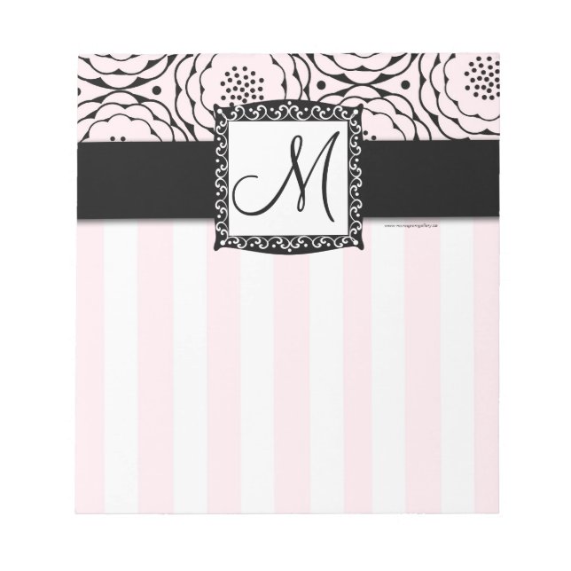 Chic Pink Monogram Stripes Floral Notepad (Front)
