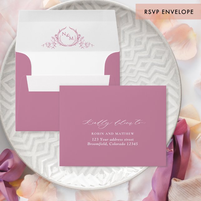 Chic Pink Monogrammed RSVP w/ Return Address Crest Envelope (Creator Uploaded)