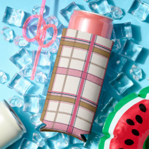 Chic Pink Navy Plaid Aesthetic Seltzer Can Cooler