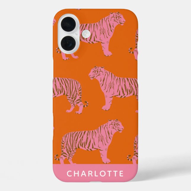 Chic Pink Orange Tiger Pattern Personalized Name Case-Mate iPhone Case (Back)