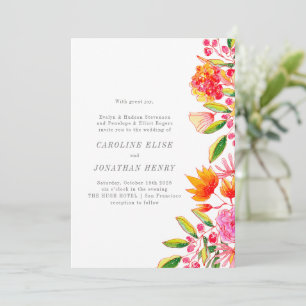 Chic Pink Orange Watercolor Floral Formal Wedding Invitation