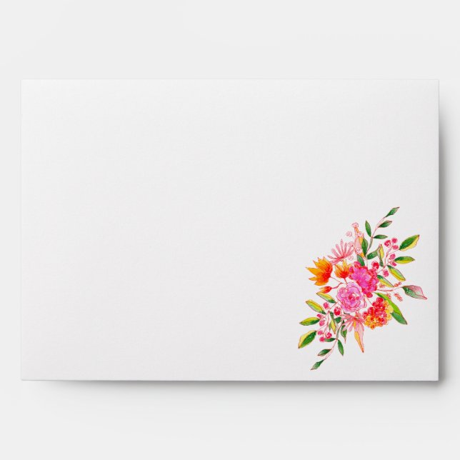 Chic Pink Orange Watercolor Floral Wedding Envelope (Front)