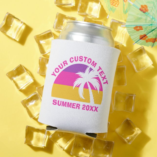 Chic Pink Palm Tree Custom Summer Beach Party Can Cooler (In Situ Summer)