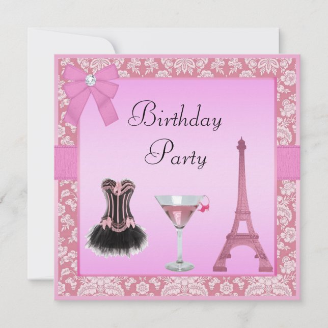 Chic Pink Paris Damask Corset Birthday Party Invitation (Front)