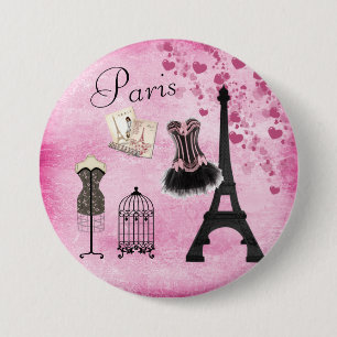 Chic Pink Paris Eiffel Tower Fashion 3 Inch Round Button