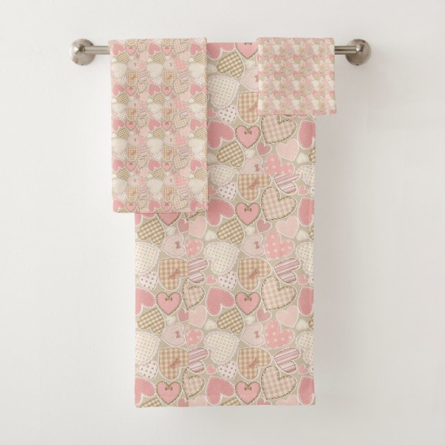 Chic Pink Patchwork Hearts & Bows Girly Bath Towel Set (Insitu)