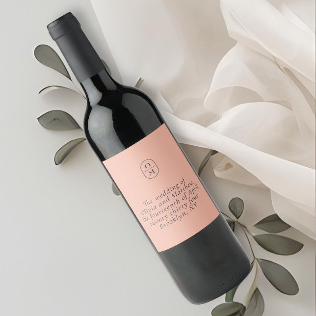 Chic Pink Peach Monogram Wedding Wine Label (Creator Uploaded)