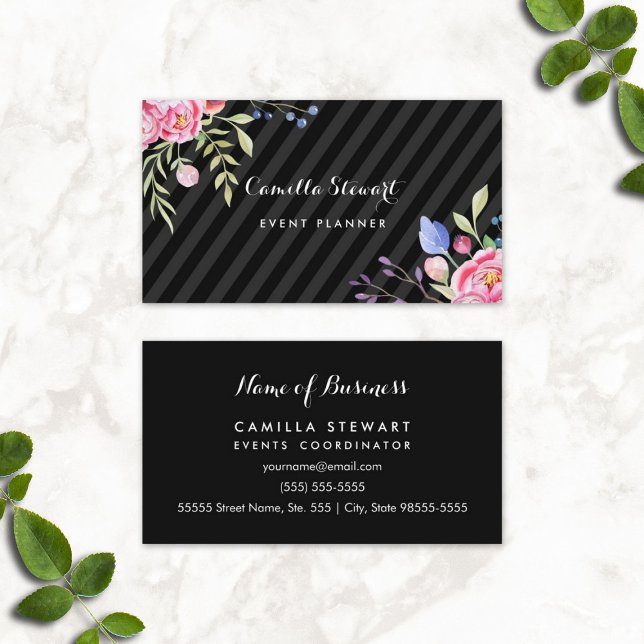 Chic Pink Peonies Floral Stripes Event Planner Business Card (Chic Pink Peonies Floral Stripes Event Planner Business Cards)