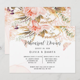 Chic Pink Peony Butterfly Rehearsal Dinner Invitation