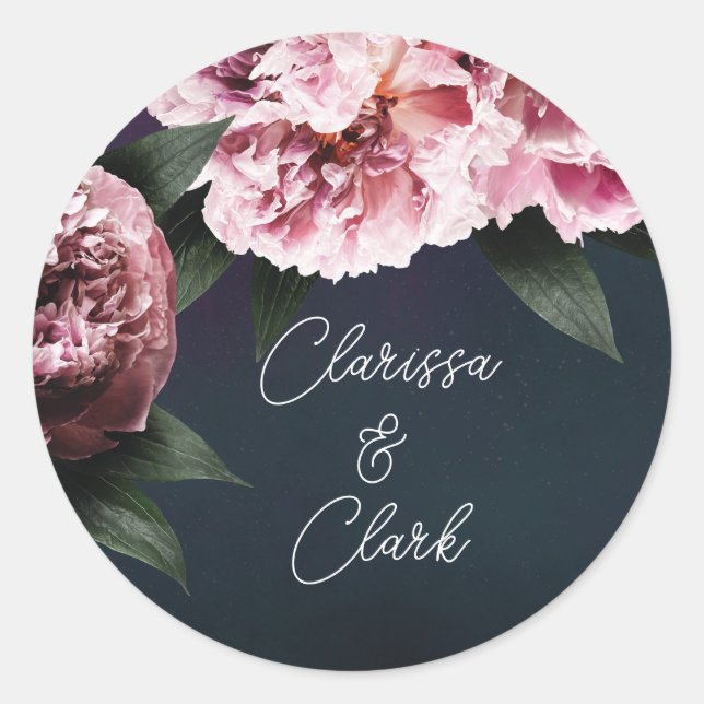 Chic Pink Peony Couples Names Wedding Envelope Classic Round Sticker (Front)