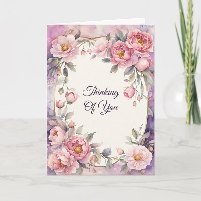 Chic Pink Peony Oval Frame Thinking of You Card (Front)