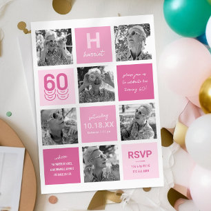 Chic Pink Photo Collage 60th Birthday Invitation