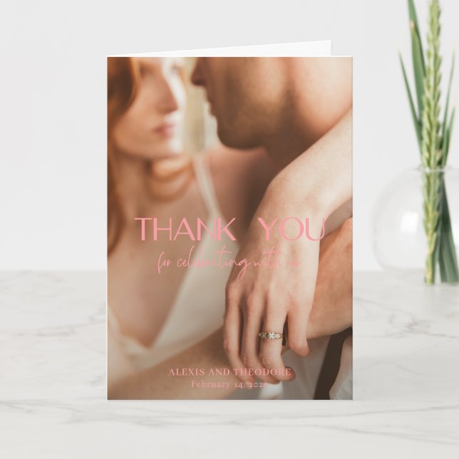 Chic Pink Photo Modern Wedding Thank You Card (Front)