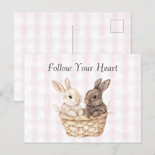 Chic Pink Plaid Stripes Bunnies in a basket Easter Postcard