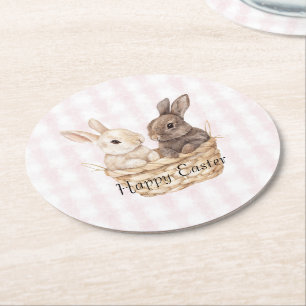Chic Pink Plaid Stripes Bunnies in a basket Easter Round Paper Coaster