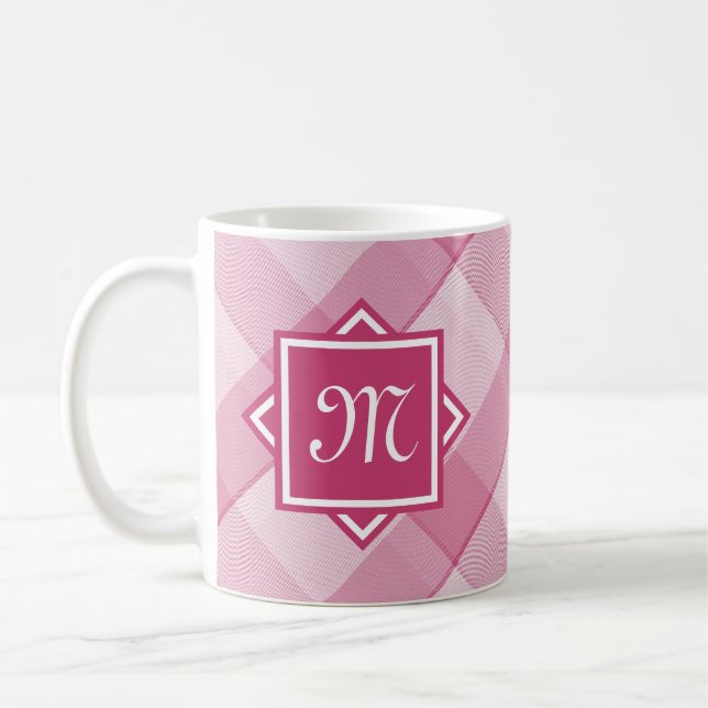 Chic Pink Plaid With Modern Diagonal Monogram Coffee Mug (Left)