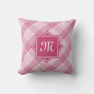 Chic Pink Plaid With Modern Diagonal Monogram Throw Pillow