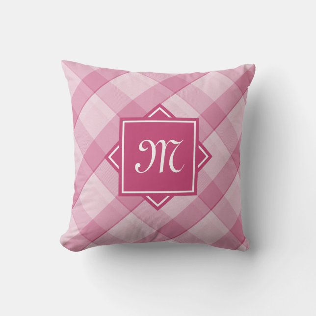 Chic Pink Plaid With Modern Diagonal Monogram Throw Pillow (Front)