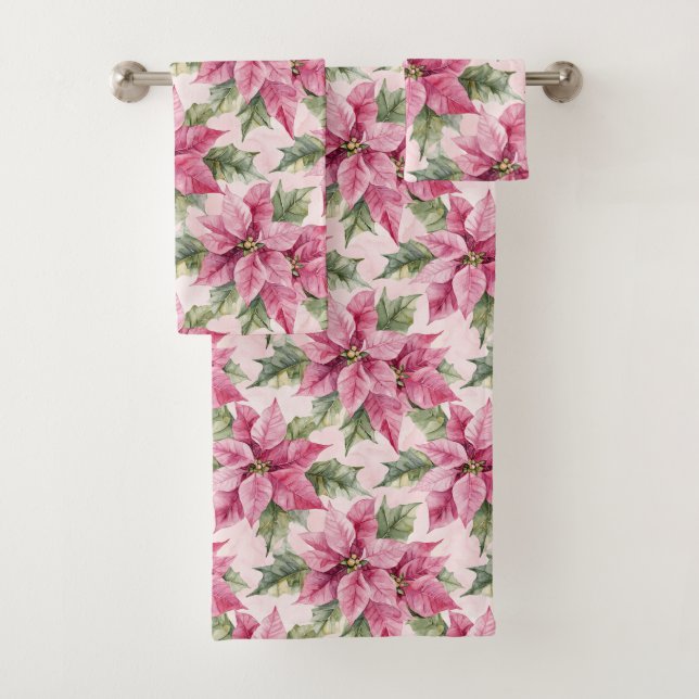 Chic Pink Poinsettia Flowers Christmas Bath Towel Set (Insitu)