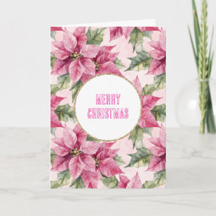 Chic Pink Poinsettia Flowers Christmas Card