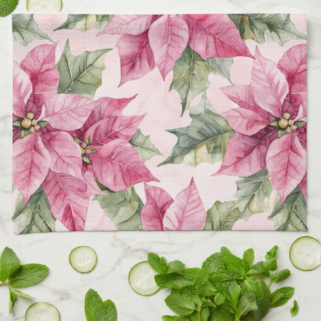Chic Pink Poinsettia Flowers Christmas Kitchen Towel (Folded)