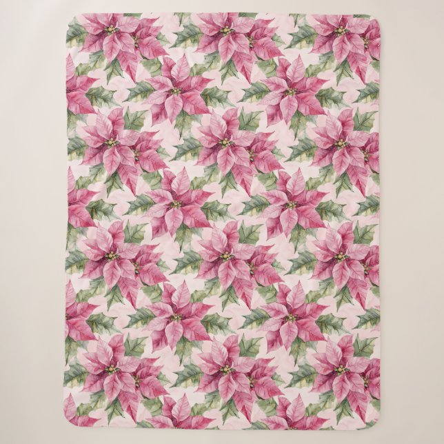 Chic Pink Poinsettia Flowers Christmas Sherpa Blanket (Front)