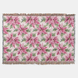 Chic Pink Poinsettia Flowers Christmas Throw Blanket