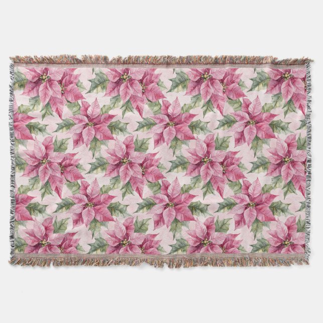 Chic Pink Poinsettia Flowers Christmas Throw Blanket (Front)