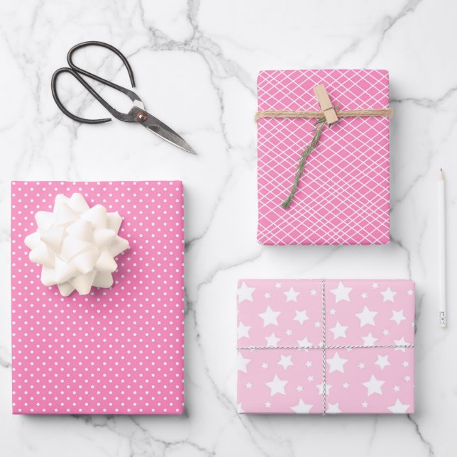 Chic Pink Polka Dots White Striped Wrapping Paper Sheet (Front)