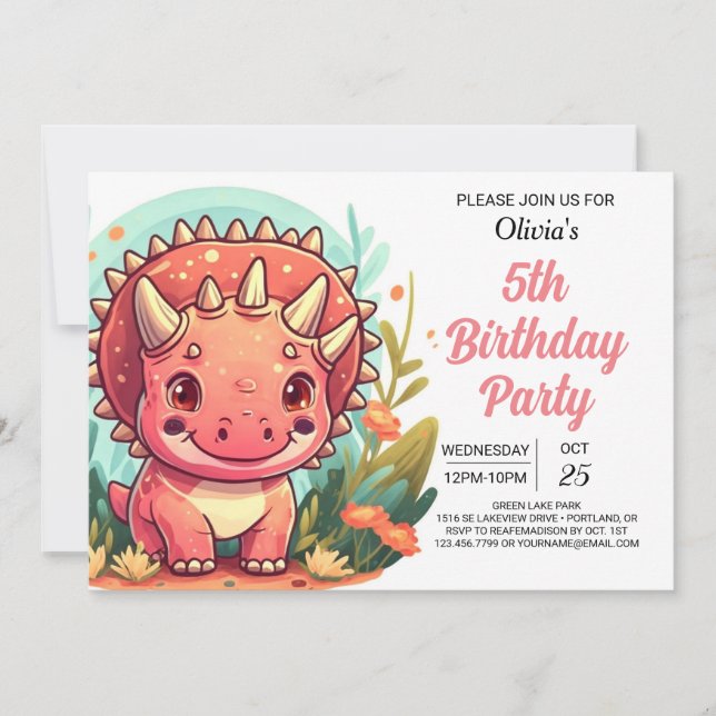 Chic Pink Printable Dinosaur Girl Birthday Invitation (Front)