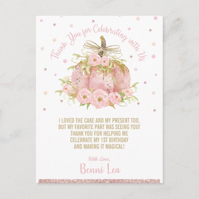Chic Pink Pumpkin 1st Birthday Party Thank You Postcard (Front)