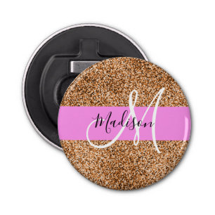 Chic Pink & Pumpkin Glitter Sparkles Monogram Name Bottle Opener
