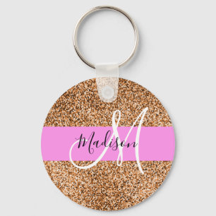 Chic Pink & Pumpkin Glitter Sparkles Monogram Name Keychain